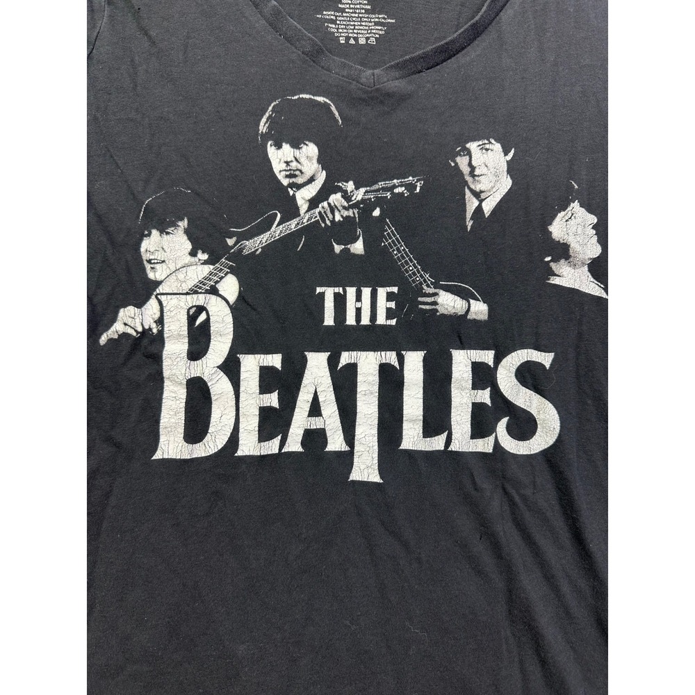 The Beatles Graphic T-Shirt Women's XL Black V-Neck Short Sleeve Band Tee 2014